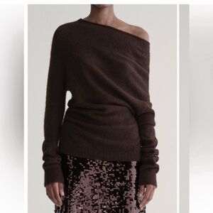 A.L.C Freya Off One Shoulder Asymmetrical Alpaca Blend Sweater Dark Umber Brown